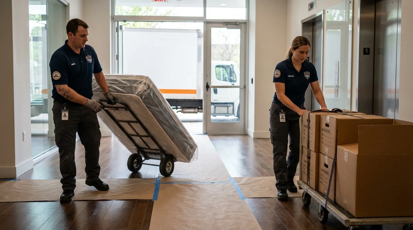 Professional apartment movers loading elevator in Springdale, PA
