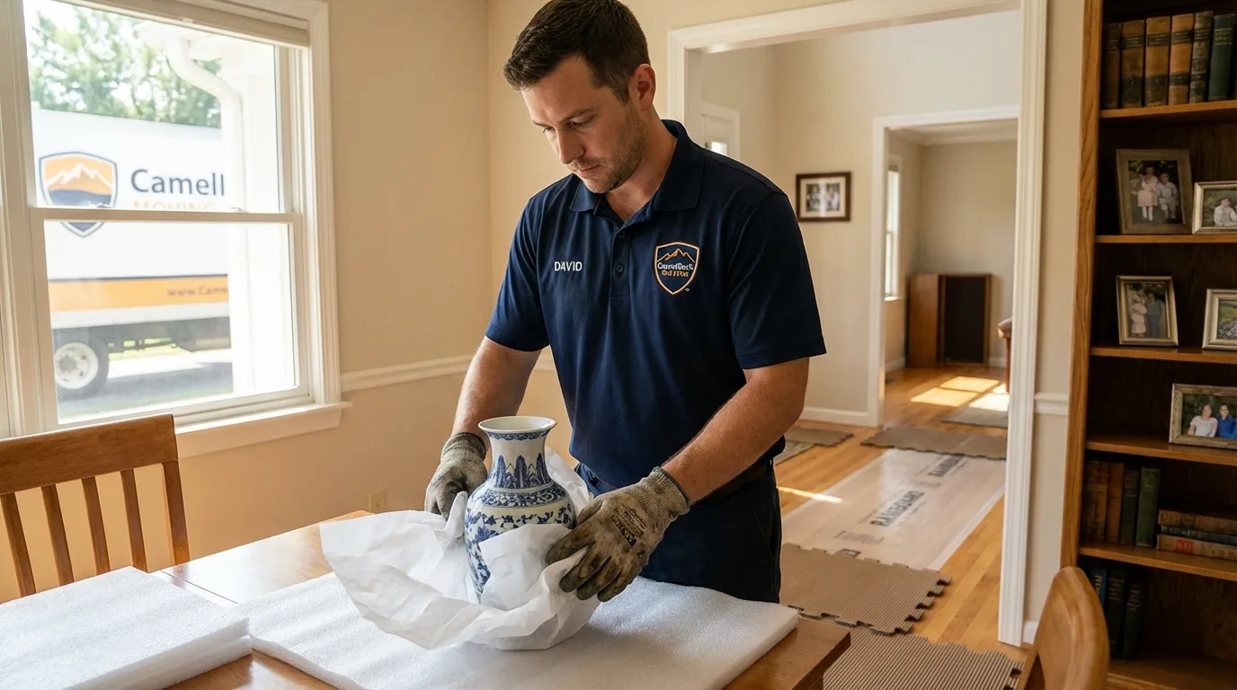 Professional crew carefully wrapping antique vase for senior downsizing move in Springdale, PA